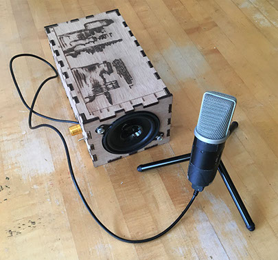 The Sonic Mirror v1.0 speaker enclosure and a connected microphone. June, 2016.