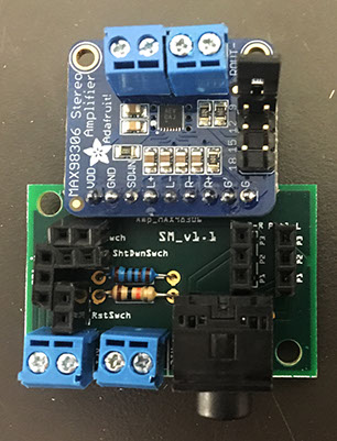 Custom designed PCB used in Sonic Mirror v2.0 populated with 3.5mm audio jack, screw terminals, 3.7 W Class-D speaker amp, and other electronics