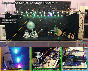Complete overview of the Musical Melodyian miniature stage featuring an automated LED lighting system, servos, and Arduino microcontroller.