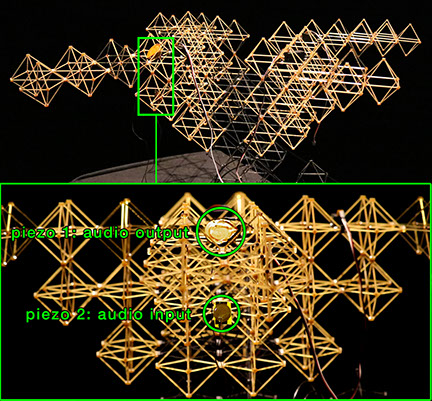 Photos showing detailed view of the placement of the mounted piezo transducers within the soft robot's digital material structure.